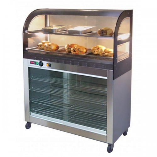 Vitrine de présentation en inox modèle MAP PLUS sur etuve vitrée à roulette Vitrine de présentation en inox modèle MAP PLUS sur etuve vitrée à roulette