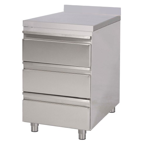 Meuble à 3 tiroirs avec dosseret, inox AISI 304, profondeur 700 mm Meuble à 3 tiroirs avec dosseret, inox AISI 304, profondeur 700 mm