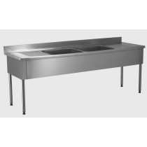 Plonge démontable, sans étagère, adossée, 2 bacs au centre, 2 égouttoirs, L 2400 x l 700 x H 900 mm