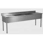 Plonge démontable, sans étagère, adossée, 2 bacs au centre, 2 égouttoirs, L 2400 x l 700 x H 900 mm