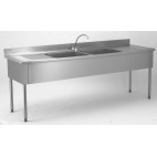 Plonge démontable, sans étagère, adossée, 2 bacs au centre, 2 égouttoirs, L 2400 x l 700 x H 900 mm