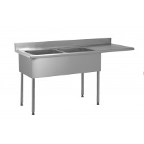 Plonge soudée pour lave-vaisselle encastré 2 bacs à gauche 1 égouttoir à droite L 1800 x l 700 x H 900 mm