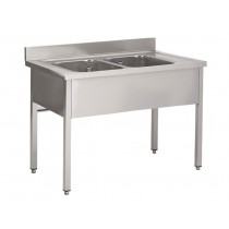 Plonge soudée sur pieds carrés sans étagère inox ferritique 2 bacs P 600 mm