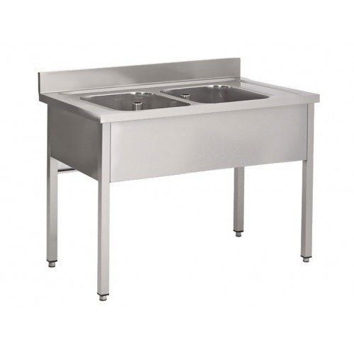Plonge soudée sur pieds carrés sans étagère, inox ferritique, 2 bacs au centre, longueur 1400 mm Plonge soudée sur pieds carrés sans étagère, inox ferritique, 2 bacs au centre, longueur 1400 mm
