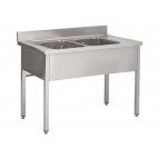 Plonge soudée sur pieds carrés sans étagère, inox ferritique, 2 bacs au centre, longueur 1400 mm