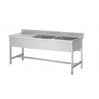 Plonge soudée sur pieds carrés sans étagère, inox AISI 304, 2 bacs, longueur 1600 mm