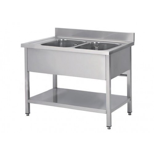 Plonge soudée sur pieds carrés avec étagère, inox AISI 304, 2 bacs au centre, longueur 1400 mm Plonge soudée sur pieds carrés avec étagère, inox AISI 304, 2 bacs au centre, longueur 1400 mm