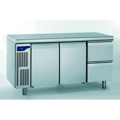 Meuble réfrigéré gastronorme avec groupe, en acier inoxydable, froid positif, 2 portes 2 tiroirs ht 210 mm, 1000 W Meuble réfrigéré gastronorme avec groupe, en acier inoxydable, froid positif, 2 portes 2 tiroirs ht 210 mm, 1000 W