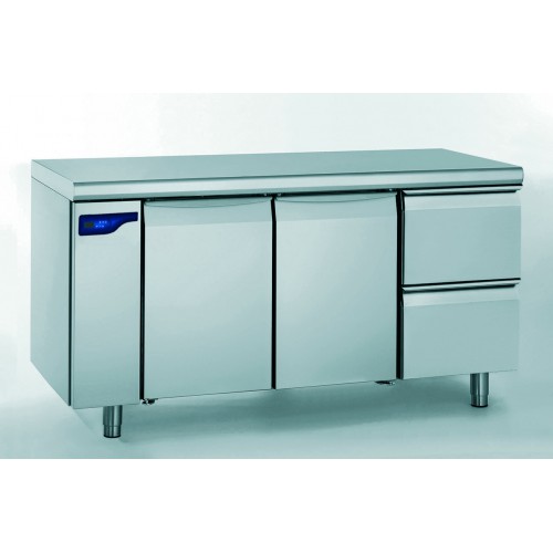 Meuble réfrigéré gastronorme sans groupe en acier inoxydable froid positif 2 portes + 2 tiroirs ht 210 mm 1000 W Meuble réfrigéré gastronorme sans groupe en acier inoxydable froid positif 2 portes + 2 tiroirs ht 210 mm 1000 W