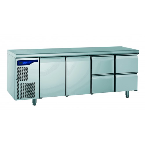 Meuble réfrigéré gastronorme avec groupe, en acier inoxydable, froid positif, 2 portes + 2 x 2 tiroirs ht 210 mm, 1170 W Meuble réfrigéré gastronorme avec groupe, en acier inoxydable, froid positif, 2 portes + 2 x 2 tiroirs ht 210 mm, 1170 W