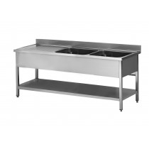 Plonge démontable sur pieds carrés avec étagère, inox AISI 304, 2 bacs à droite, P-600 mm