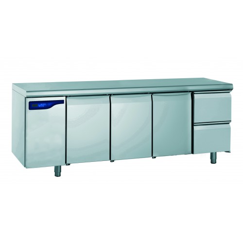 Meuble réfrigéré gastronorme sans groupe en acier inoxydable froid positif 3 portes + 2 tiroirs ht 210 mm 1170 W Meuble réfrigéré gastronorme sans groupe en acier inoxydable froid positif 3 portes + 2 tiroirs ht 210 mm 1170 W