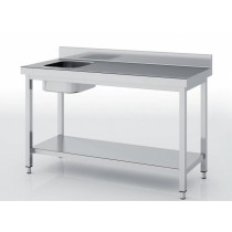Table de chef, série 700, inox AISI-304 18/10 satiné, bac à gauche, adossée + étagère
