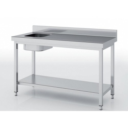 Table de chef, série 700, inox AISI-304 18/10 satiné, bac à gauche, adossée + étagère Table de chef, série 700, inox AISI-304 18/10 satiné, bac à gauche, adossée + étagère
