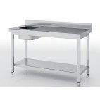 Table de chef, série 700, inox AISI-304 18/10 satiné, bac à gauche, adossée + étagère