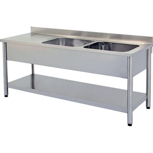 Plonge démontable sur pieds ronds avec étagère inox AISI 304 2 bacs à droite dimension bac: L 400 x P 400 x H 250 mm Plonge démontable sur pieds ronds avec étagère inox AISI 304 2 bacs à droite dimension bac: L 400 x P 400 x H 250 mm