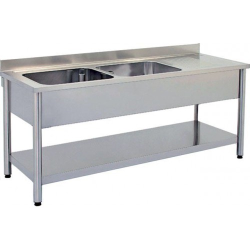 Plonge démontable sur pieds ronds avec étagère inox AISI 304 2 bacs à gauche dimension bac: L 500 x P 400 x H 250 mm Plonge démontable sur pieds ronds avec étagère inox AISI 304 2 bacs à gauche dimension bac: L 500 x P 400 x H 250 mm