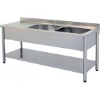 Plonge démontable sur pieds ronds avec étagère inox AISI 304 2 bacs à droite dimension bac: L 500 x P 400 x H 250 mm