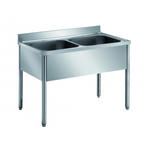 Plonge démontable sur pieds ronds sans étagère inox AISI 304 2 bacs au centre longueur 1400 mm Plonge démontable sur pieds ronds sans étagère inox AISI 304 2 bacs au centre longueur 1400 mm