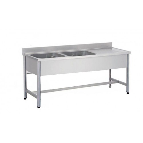 Plonge démontable sur pieds ronds sans étagère inox AISI 304 2 bacs longueur 1800 mm Plonge démontable sur pieds ronds sans étagère inox AISI 304 2 bacs longueur 1800 mm