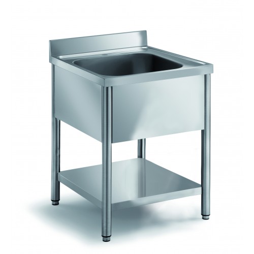Plonge démontable sur pieds ronds avec étagère inox AISI 304 1 bac au centre P 700 mm Plonge démontable sur pieds ronds avec étagère inox AISI 304 1 bac au centre P 700 mm