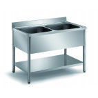Plonge démontable sur pieds ronds avec étagère inox AISI 304 2 bacs au centre longueur 1200 mm