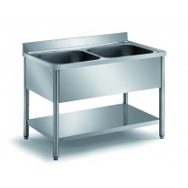 Plonge démontable sur pieds ronds avec étagère inox AISI 304 2 bacs au centre longueur 1200 mm