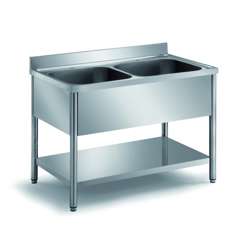 Plonge démontable sur pieds ronds avec étagère inox AISI 304 2 bacs au centre longueur 1400 mm Plonge démontable sur pieds ronds avec étagère inox AISI 304 2 bacs au centre longueur 1400 mm