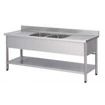 Plonge démontable sur pieds ronds avec étagère inox AISI 304 2 bacs 2 égouttoirs P 700 mm
