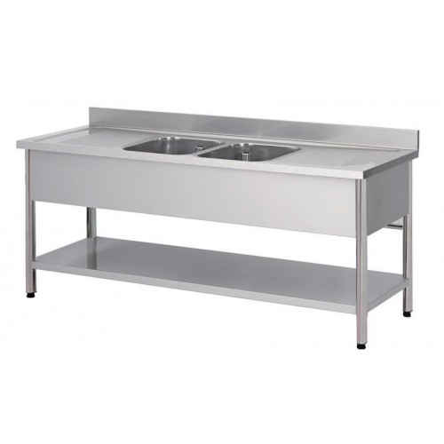 Plonge démontable sur pieds ronds avec étagère inox AISI 304 2 bacs 2 égouttoirs P 700 mm Plonge démontable sur pieds ronds avec étagère inox AISI 304 2 bacs 2 égouttoirs P 700 mm