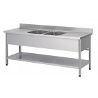 Plonge démontable sur pieds ronds avec étagère inox AISI 304 2 bacs 2 égouttoirs P 700 mm