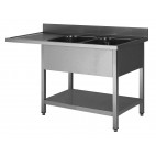 Plonge soudée sur pieds carré pour lave-vaisselle, avec étagère, inox ferritique, 2 bacs, longueur 1600 mm