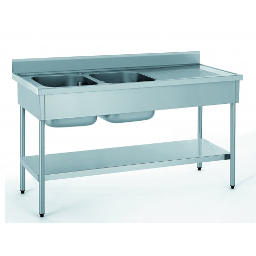 Plonge démontable avec étagère adossée 2 bacs + égouttoir à droite largeur 700 mm Plonge démontable avec étagère adossée 2 bacs + égouttoir à droite largeur 700 mm
