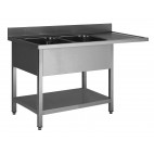 Plonge soudée sur pieds carré pour lave-vaisselle, avec étagère, inox AISI 304, 1 bac, longueur 1200 mm