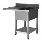 Plonge soudée sur pieds carré pour lave-vaisselle, avec étagère, inox AISI 304, 1 bac, longueur 1400 mm