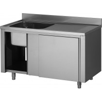 Plonge placard en inox ferritique, porte coulissante,1 bac à gauche, P 600 mm