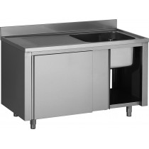 Plonge placard en inox ferritique, porte coulissante,1 bac à droite, P 600 mm