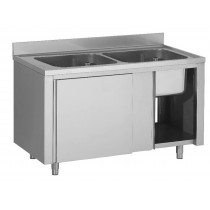 Plonge placard en inox ferritique, porte coulissante, 2 bacs, P 600 mm