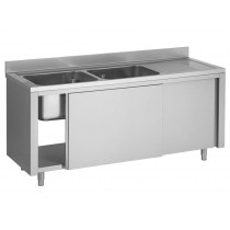 Plonge placard en inox ferritique, porte coulissante,2 bacs à gauche, P 600 mm