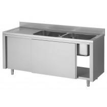 Plonge placard en inox ferritique, porte coulissante, 2 bacs à droite, P 600 mm