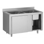 Plonge placard en inox AISI 304, porte coulissante, 2 bacs, L 1200 x P 700 mm