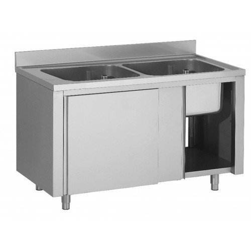Plonge placard en inox AISI 304, porte coulissante, 2 bacs, L 1400 x P 700 mm