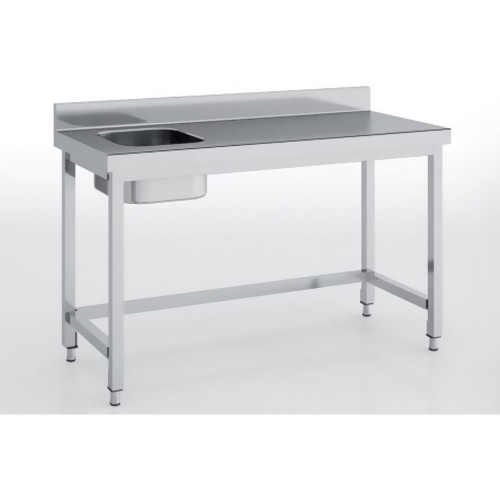 Table de chef, série 600, inox AISI-304 18/10 satiné, bac à gauche, avec renfort Table de chef, série 600, inox AISI-304 18/10 satiné, bac à gauche, avec renfort