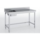 Table de chef, série 600, inox AISI-304 18/10 satiné, bac à gauche, avec renfort