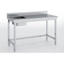 Table de chef, série 600, inox AISI-304 18/10 satiné, bac à gauche, avec renfort
