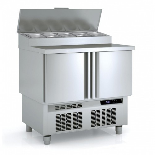 Meuble saladette, dessus inox avec couvercle, 2 portes pleines, 169 L Meuble saladette, dessus inox avec couvercle, 2 portes pleines, 169 L