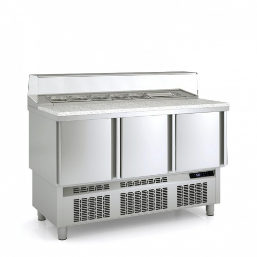 Meuble saladette, dessus granit avec pare-haleine, 3 portes pleines, 264 L Meuble saladette, dessus granit avec pare-haleine, 3 portes pleines, 264 L