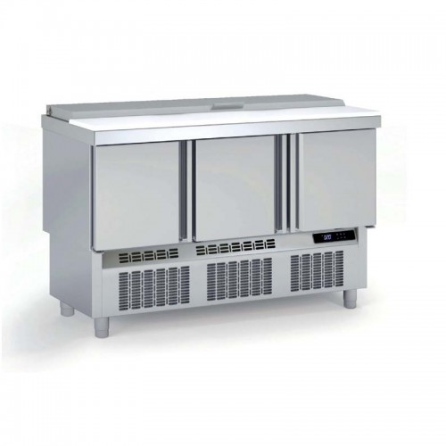 Meuble saladette avec plaque de travail polyéthylène, dessus inox , 3 portes pleines, 264 L Meuble saladette avec plaque de travail polyéthylène, dessus inox , 3 portes pleines, 264 L