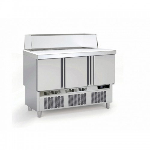 Meuble saladette avec plaque de travail polyéthylène, avec pare-haleine , 3 portes pleines, 264 L Meuble saladette avec plaque de travail polyéthylène, avec pare-haleine , 3 portes pleines, 264 L