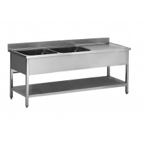 Plonge soudée sur pieds carrés avec étagère, inox ferritique, 2 bacs, longueur 1800 mm